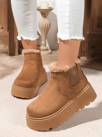 2025 Winter New Warm Fleece Thick Snow Boots, Fashion Slip-On Plus Size Elastic Band Ankle Boots