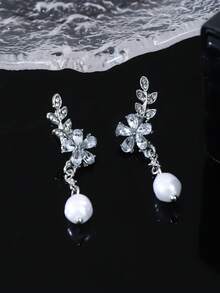 1 Pair Fashionable & Luxurious Women's Personalized Leaf & Flower Pearl Rhinestone Silver Earrings, Suitable For Daily Wear - Silver - View 6