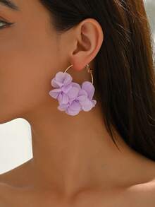 一对优雅波西米亚风花卉布艺流苏耳环，适合作为女士派对和节日礼物，圆形创意花卉耳环，时尚派对配饰（由于拍摄角度不同，可能存在色差） - 紫色 - 查看 3