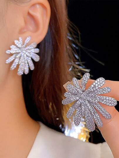 1 对闪亮水钻 3D 烟花耳钉，时尚女士花卉耳环，适合派对和日常佩戴