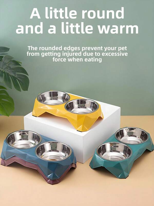 1pc Double Stainless Steel Pet Bowls Set For Dogs, Diamond Design, Raised Stand, Large Capacity Feeding Dish