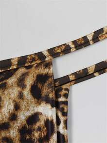 FQLWL Thời trang mùa hè Trang phục đi biển đường phố dành cho nữ Áo yếm cổ chữ V sâu họa tiết da báo Quần cạp cao Bộ đồ hai mảnh đi chơi câu lạc bộ - màu nâu - Xem 5