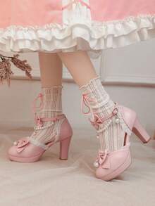 Block Chunky High Heels Pumps For Women Cute Bow Ruffle Ankle Strap Pearl Chain Platform Lolita Style Pumps Woman - Hồng - Xem 3