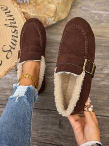 2024 New Preppy Style Buckle Warm Loafers For Women, Vintage Breathable Driving Shoes, Faux Fur Moccasins, Slip-On Casual Flat Shoes For Work