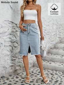 Middle East Spring/Summer Casual Vacation Y2K Campus Fashion Split Hem Denim Midi Skirt, Suitable For Young Women And Students - Blue - View 5