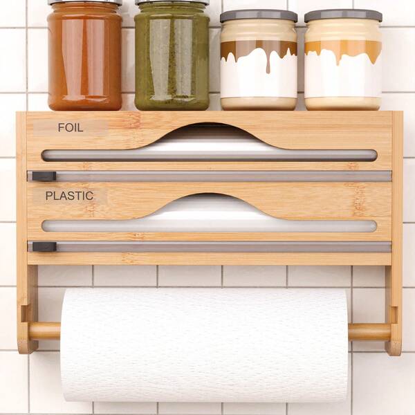 1 pieza Dispensador de plástico y bambú para envoltura, Dispensador de papel de aluminio con soporte para toallas de papel, Organizador de papel de aluminio y envoltura de plástico, Adecuado para la cocina