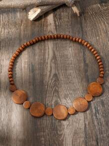 1pc Vintage Handmade Beaded Wooden Disc Elastic Necklace, Single Layer Sweater Chain Necklace For Men & Women - Coffee Brown - View 9