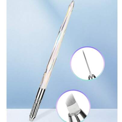 1pc Lightweight Gradient Acrylic Eyebrow Tattoo Pen With Aluminum Alloy Cross-Shaped Tip (Compatible With Round Needle Blade), Handmade Pen For Microblading