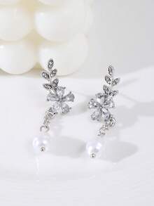 1 Pair Fashionable & Luxurious Women's Personalized Leaf & Flower Pearl Rhinestone Silver Earrings, Suitable For Daily Wear - Silver - View 2