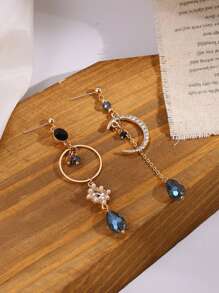 女士优雅蓝色水钻泪珠月亮流苏不对称长耳环