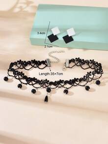 三件套时尚首饰套装：黑色镂空蕾丝颈链和黑白方形耳钉 - 黑與白 - 查看 3