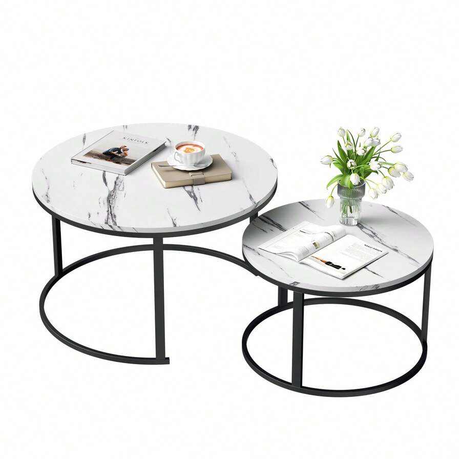 FXLTSBL 2 Pieces Side Table Set Round, Coffee Table Made Of Wood With Metal Frame, Modern Coffee Tables Nesting Tables For Living Room Bedroom - Black - View 1
