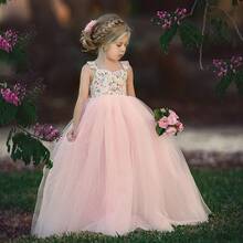 Vestido de princesa para niñas, vestido de tutú sin mangas para dama de honor, vestido de fiesta con estampado floral - Rosa - Ver 2