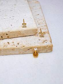 3pcs/Set 18K Gold Plated Transparent Zirconia Four-Leaf Butterfly Stud Earrings, Stackable, Petite & Cute, Suitable For Cartilage, Helix And Other Pierced Ears, Great Gift For Women And Girls - 3Pcs Studs - View 4