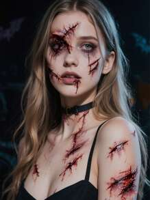 4 件红色万圣节疤痕临时纹身，疯狂妆容，万圣节服装，易于粘贴和去除，万圣节假纹身，适合男女各种身体部位，防水、防汗、不反光，非常逼真的万圣节必备品