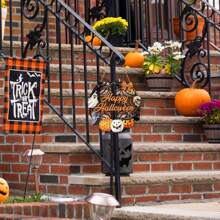 万圣节装饰木制鬼门花环用于前门标志墙标志，南瓜蝙蝠黑猫万圣节快乐标志悬挂用于家庭墙壁装饰万圣节派对户外室内用品