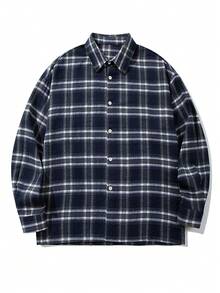 经典格子纽扣衬衫，休闲宽松男女通用长袖，适合春、夏、秋、冬 - 藍色 - 查看 2