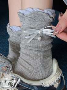 1双夏季薄款甜美珍珠纯色蝴蝶结袖口女士袜子 - 彩色 - 查看 1