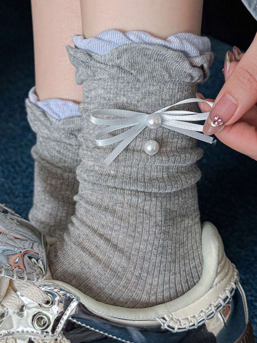 1双夏季薄款甜美珍珠纯色蝴蝶结袖口女士袜子 - 彩色 - 查看 1