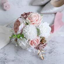 Dusty Blue Wedding Bouquets For Bride Bridesmaid, White Wedding Artificial Roses Flowers For Wedding Bouquets Ceremony, Anniversary - Dusty Rose & Blush - View 2
