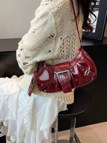 1pc Women's Vintage Mad Max Punk Wanderer Motorcycle Bag With Rivet Decoration, Adjustable Shoulder Strap, Large Capacity, Soft Faux Oil Wax Gradient Color, One Shoulder Underarm Bag, Baguette Bag, Square Bag, Suitable For Work, Commute, Date, Party - Burgundy - View 7