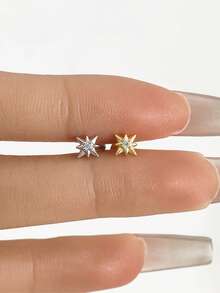 1 chiếc khuyên tai hình ngôi sao bát giác mạ vàng 18K nhẹ, khuyên tai hình ngôi sao bằng bạc sterling 925 không gây dị ứng, khuyên tai dạng phẳng, khuyên tai sụn, khuyên mũi, thích hợp cho nữ giới đeo hàng ngày (Bán lẻ từng chiếc) - Hoa tai hình ngôi sao tám cánh - Xem 3