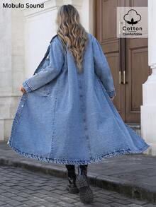 Mobula Sound# Casual Fashionable Apparel, Versatile Elegant Academic Student Y2K Style Long Denim Jacket, Suitable For Spring, Summer, Autumn - Blue - View 5