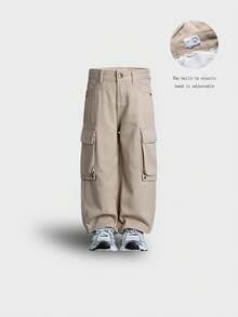 年轻男孩米色阔腿工装牛仔裤，多口袋百搭可调节腰部米色牛仔工作裤，返校 - 米色 - 查看 3