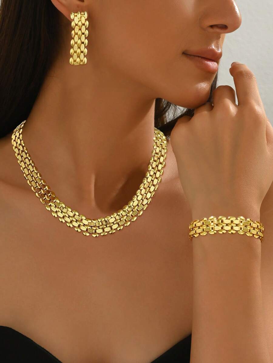 3 Peças Conjunto de Joias - Colar Pingente Geométrico Retrô e Brincos, Moda Feminina