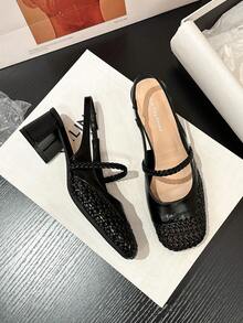 Xin Jing Shoes 秋冬女士编织圆头粗跟穆勒鞋，休闲及办公场合皆宜，优雅玛丽珍鞋款，派对必备 - 黑色 - 查看 9