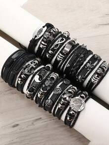 10/20/30Pcs Men's Cool Punk Style Hip Hop Faux Leather Bracelet Skull Cross Star Design Vintage Hand Jewelry For Men Women Gifts Thanksgiving Father's Day Graduation Creative Metal Dots Fashion Jewelry - 黑色 - 查看 2