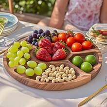 1pc Wooden Tray, Serving Plate, Cheese Board, Two/ Three/ Four/ Five Compartment Food Trays, Circular Barbecue Plates For Holding Meat, Cheese, Nuts And Fruits, Multi-Functional Fruit Trays, Appetizer Creative Snack Trays, Household Dessert Plates, Reusable Fruit Trays, Kitchen Decorations, Kitchen Supplies, Candy Wedding Storage Trays
