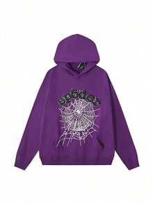 Spider Web Foam Print Hip-Hop Loose Terry Hooded Sweatshirt - Purple - View 1