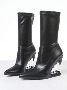 Women's Y2K Metallic Teeth Ankle Boots Fashion Pointed Toe Wedges Sculptural High Heels Slip On Party Sexy Boots Woman - 黑色 - 查看 2