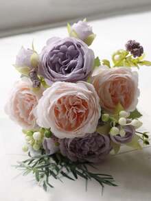 1 buchet de flori artificiale mixte cu trandafir, hortensie, bujor, ideal pentru cadou de Ziua Îndrăgostiților, nuntă, petrecere de ziua de naștere, decorare interioară, flori conservate care nu necesită întreținere