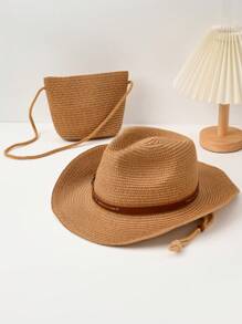 1pc Wide Brimmed Straw Hat, Sun Protection Western Cowboy Hat/Cowboy Hat, Summer Beach Sun Protection Rope Hat, Portable Folding Design - Panama Straw Hat - View 16