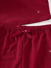 两件套花朵蕾丝睡衣套装，V领纯色舒适针织罗纹面料，蝴蝶结上衣搭配短裤，女士家居睡衣，圣诞节礼物 - 酒紅色 - 查看 6