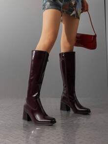 Women's Square Toe Knee High Boots Chunky Heel Side Zipper  Classic Solid Color Fashionable Y2K Party Tall Boots - Màu Đỏ Sâu - Xem 3
