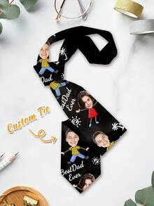 1pc Custom Photo Tie, Personalized "Best Dad Ever" Necktie With Faces & Custom Text, Funny Kids Cartoon Print, Gift From Son & Daughter, Birthday / Christmas Dad Gift