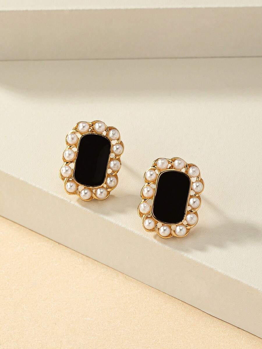 1 Pair Fashionable Faux Pearl Geometric Stud Earrings, Suitable For Daily Wear - Multicolor - View 1