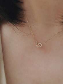 S925 纯银镀金双环项链，镶嵌 CZ 宝石，轻巧简约链条，适合学院风和旅行照片，适合送给少女的礼物