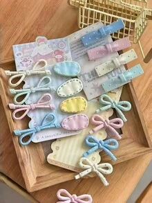 6 buah Jepit Rambut Anak Perempuan yang Cantik, Lembut, dan Serbaguna Gaya , Motif Pita, Polkadot, dan Hiasan Poni - MultiWarna - View 5