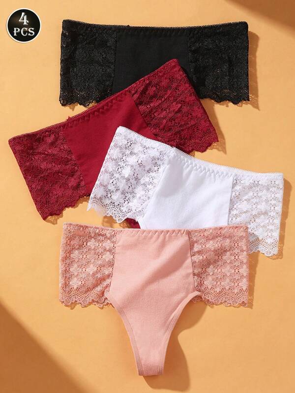 VKME 4 Stücke/Set Spitzen Hoch Taillierte Baumwolle String Unterwäsche