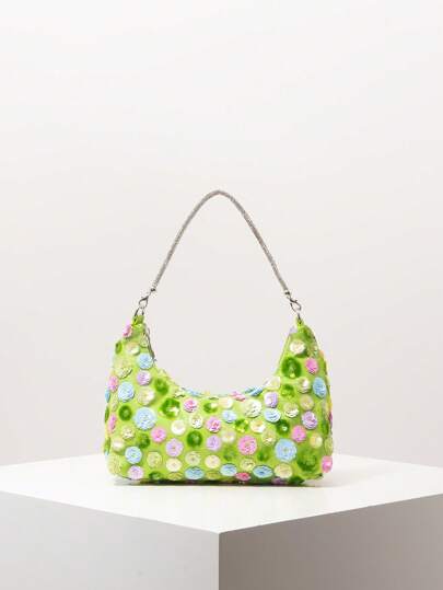 优雅亮片单肩包、花卉包、新娘派对包、亮片包、舞会包、舞会配饰、高档风格手提包、婚礼用品、优雅女士包（图案随机）