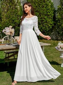 MIUSOL 优雅亮片花卉蕾丝七分袖褶裥雪纺正式派对长裙，正式晚礼服，适合婚礼宾客、毕业典礼、宴会及其他场合，白色春季款 - 白色 - 查看 7