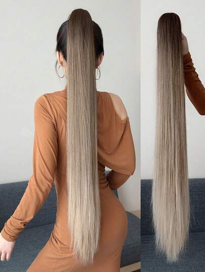 Tóc nối đuôi ngựa dài 32 inch màu đỏ rượu sô cô la, kiểu cài lỏng cổ điển dành cho nữ.