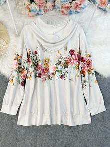 Plus Size Printed Knit Hooded Cardigan, With Pockets, Long Dolman Sleeves And Open Front, Casual Loose Fit