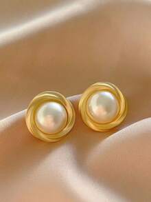 طقم أقراط معدنية هندسية زهرية عصرية على الطراز الأوروبي والأمريكي، أقراط جديدة بخرز مصطنع بطراز بسيط وأنيق، مناسبة للاستخدام اليومي والمناسبات للنساء - البدلة أ - مشاهدة 2