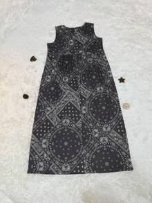 女士时尚休闲优雅度假波西米亚风格随机印花口袋背心中长连衣裙