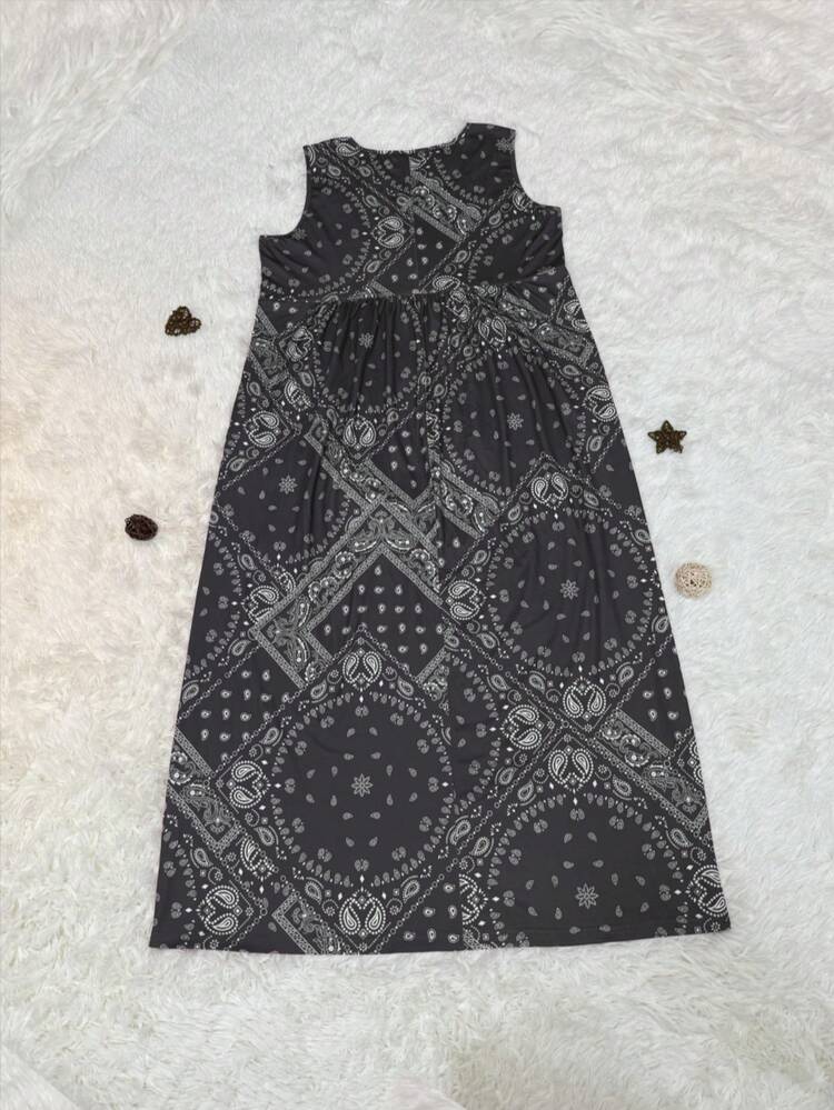 Vestido midi de estilo bohemio casual y elegante para vacaciones, con estampado aleatorio y bolsillo, para verano - Gris - Añade 2